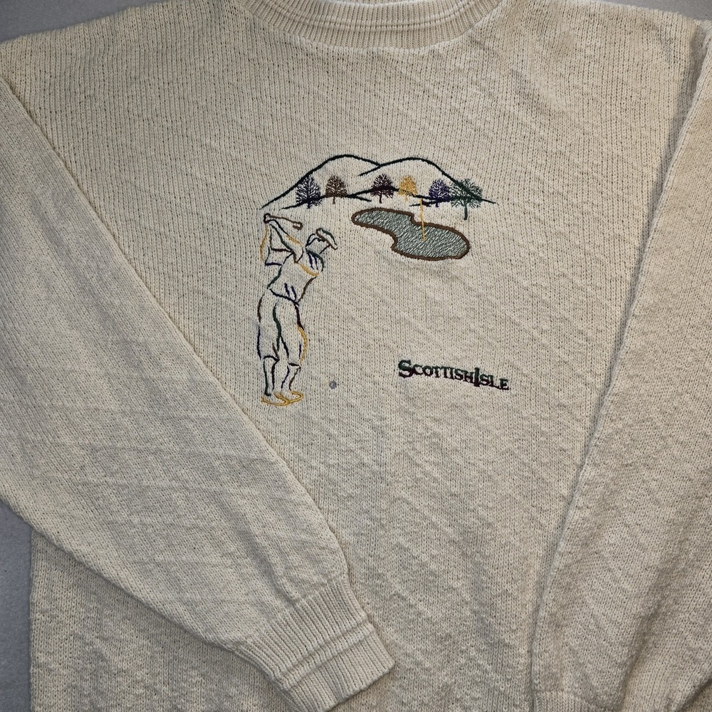 Vtg Scottish Isle by Bernette Golf Sweater Mens L Cream Knit Grandpa Core USA...